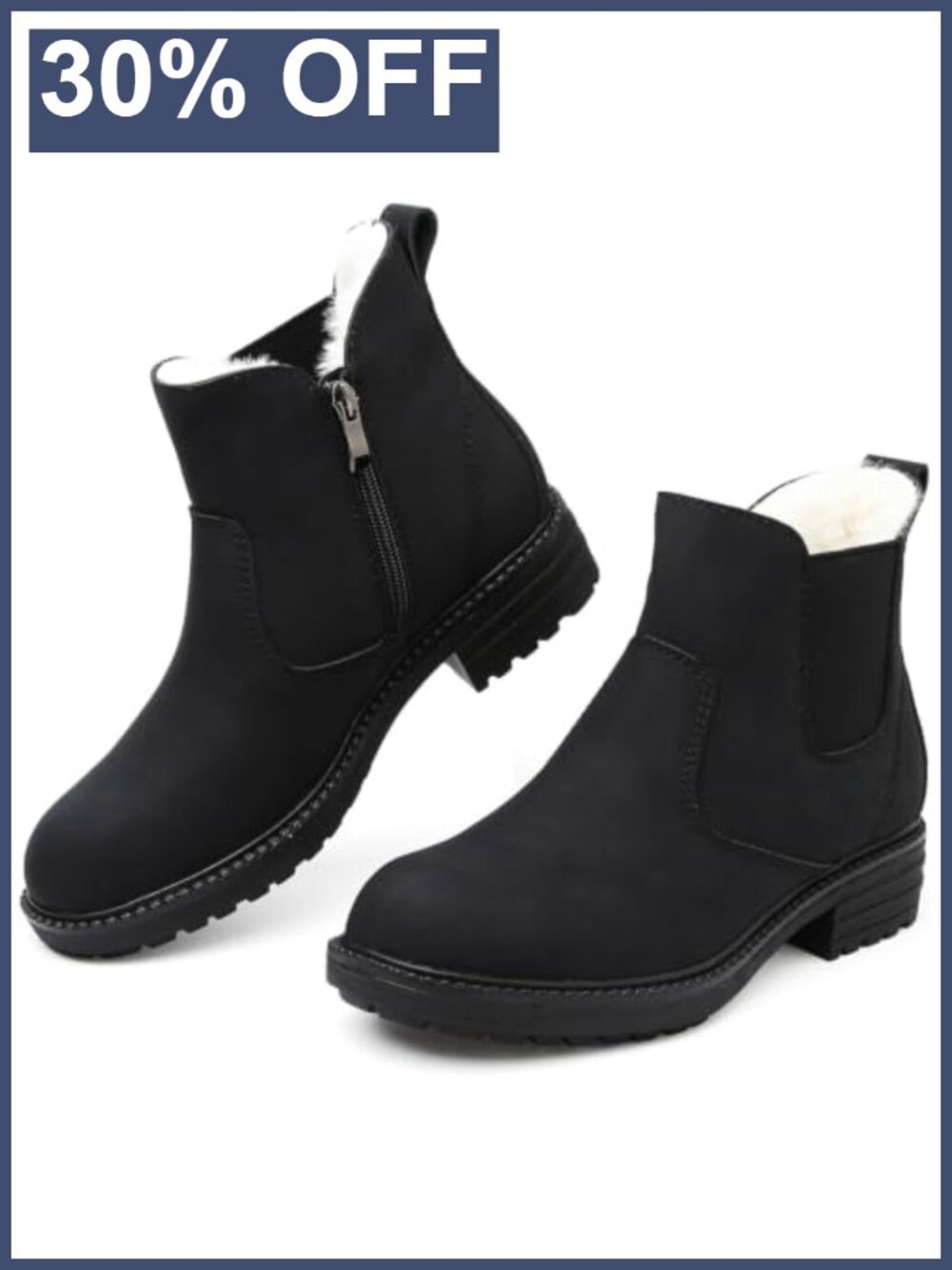 Faux Fur Lined Chelsea Ankle Boots Side Zip Round Toe Winter Booties